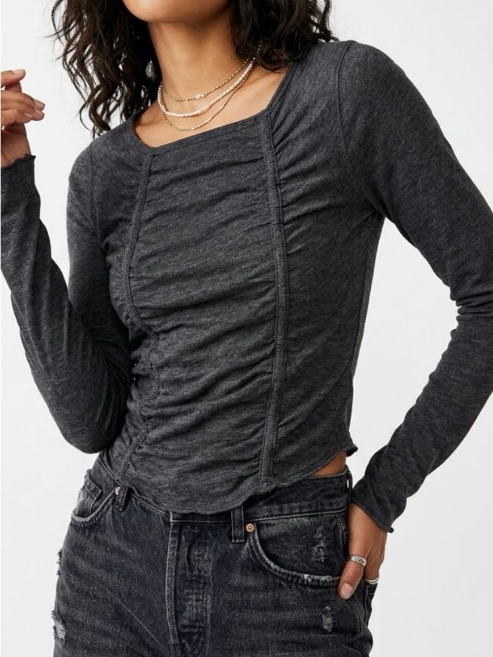 Free People We The Free Ruched Long Sleeve Top Charcoal Grey Size M Whimsygoth